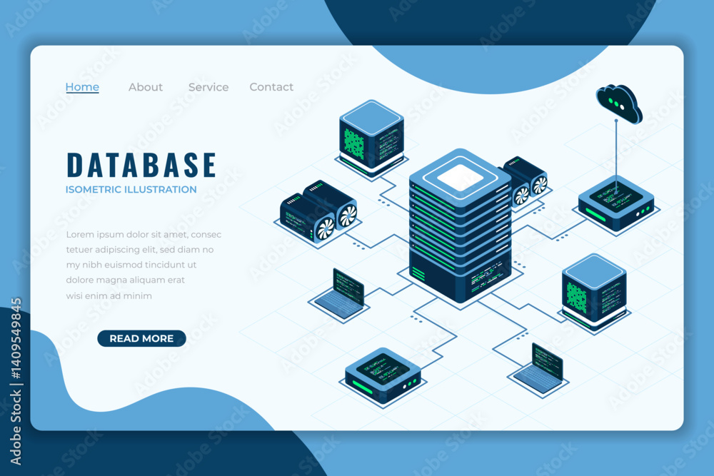 Poster Database isometric landing page. Internet of things. Cloud computing online database technology. Isometric technology