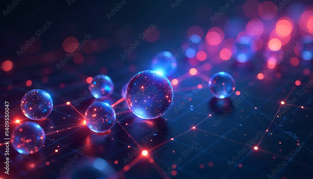 Poster illuminated spheres connected by glowing lines in a dark and futuristic setting with bokeh lights