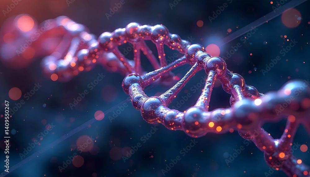 Aufkleber close up of a dna strand with pink and blue hues and bokeh lights in the background creating depth