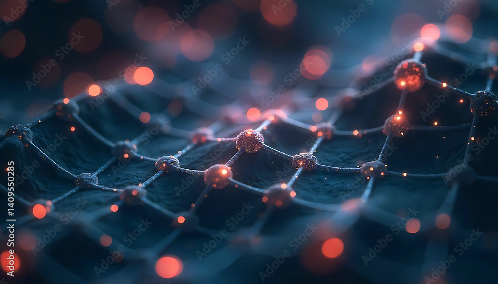 Poster a close up of a network with glowing red nodes connected by white lines on a dark blue background