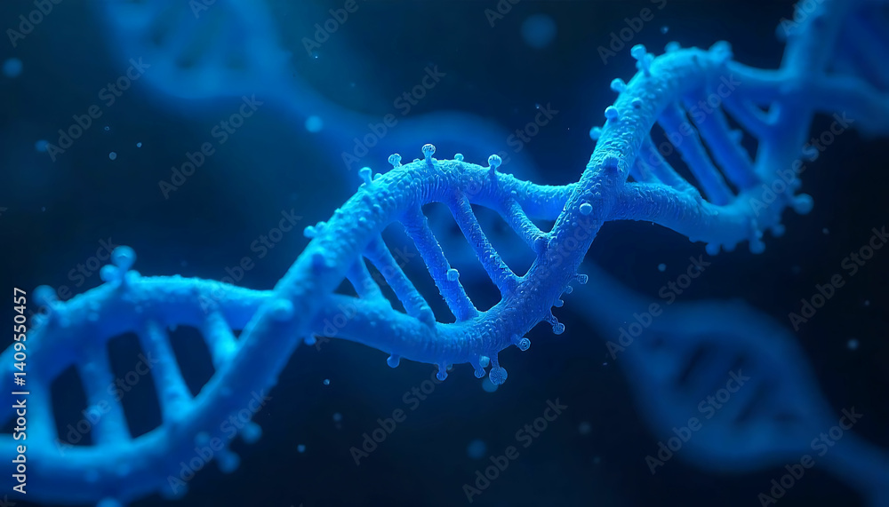 Poster a close up view of a blue dna double helix structure against a dark blue background with particles