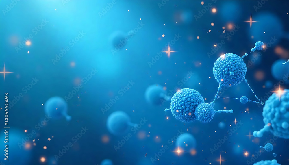 Poster a blue microscopic view of cells connected with glowing particles in a blue gradient background