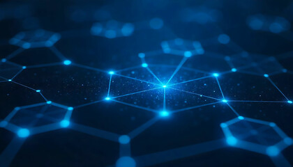 Obraz premium Abstract blue network with glowing nodes and connecting lines forming hexagonal shapes in perspective view