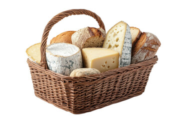 A rustic wicker basket overflowing with artisan cheeses and crusty bread a on transparent background