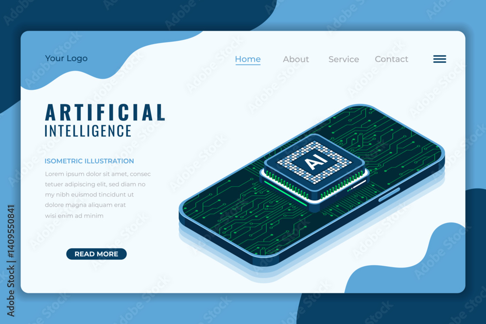 Poster artificial intelligence isometric landing page. ai technology. artificial intelligence chip. machine
