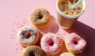 Assorted colorful donuts with sprinkles next to iced coffee in a trendy cafe, Generative AI