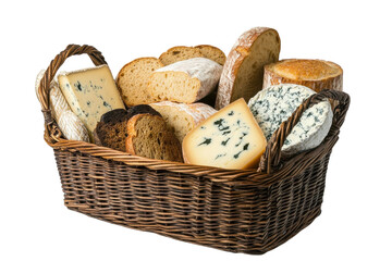 A rustic wicker basket overflowing with artisan cheeses and crusty bread on transparent background