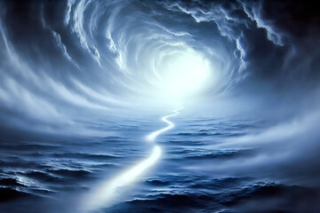 A glowing path winds across a dark, stormy ocean under a swirling sky of mist and clouds, leading toward a bright, mysterious light at the horizon.