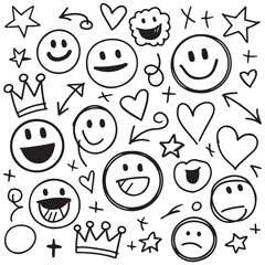Hand-Drawn Crayon-Style Doodle Set with Smiley Faces, Hearts, Arrows, Stars, and Crowns Fun, Playful Sketchy Emoji Designs for Stickers, Planners, and Kids' Art