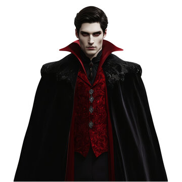 Portrait of a handsome pale vampire man wearing a black cape and red patterned vest on a white background Halloween vampire fantasy horror gothic count dracula bloodsucker costume gothic novel