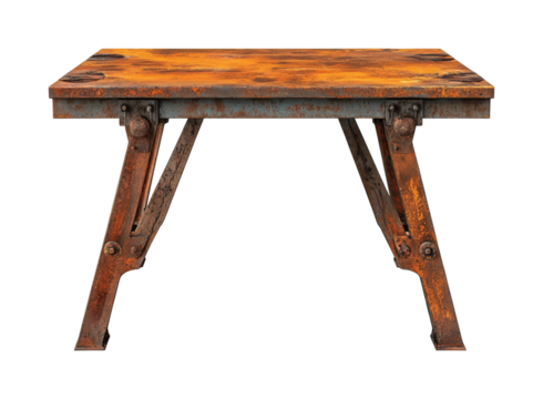 Rusty industrial table design workshop furniture vintage front view rustic aesthetic. Isolated on transparent background, png.