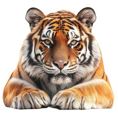 Fototapeta premium Tiger portrait isolated on white background majestic wild animal big cat predator facing forward looking at camera paws visible endangered species conservation wildlife photography zoology orange