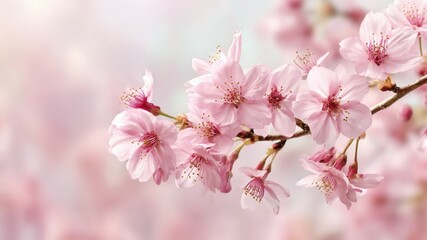 Close-up of delicate pink cherry blossoms in full bloom, soft light, romantic.