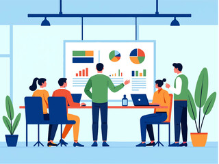 Flat Design Corporate Team Collaboration in Office - Flat vector of a modern office team collaborating with laptops and whiteboard presentations. Clean lines, soft gradients, and professional color.