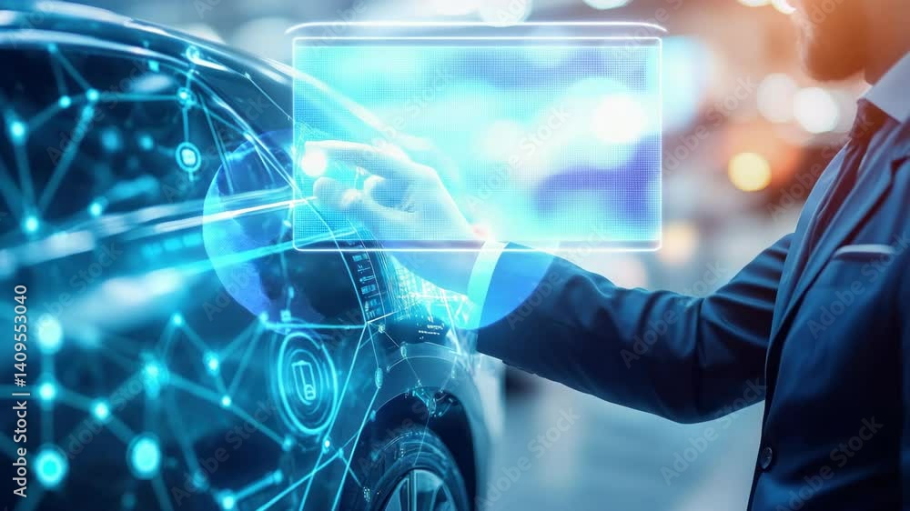 Poster futuristic car interface, man interacting with digital display.