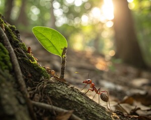 Ant carrying leaf through forest showing hard work and teamwork in nature with morning sunlight