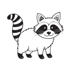 A black and white illustration of a small, friendly smiling raccoon. 