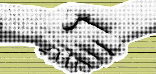 Vintage Business Handshake Collage, Isolated Retro Style with Halftone Vector Elements, Green and White Design Representing Trust.