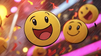 Animated yellow emojis float amidst falling confetti with blurred colorful background
