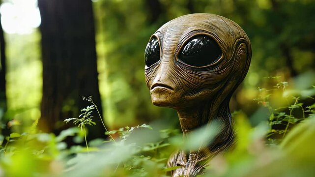 Mysterious alien visitor exploring a lush forest environment during the daytime, Alien visitor in natural forest environment, nature background,