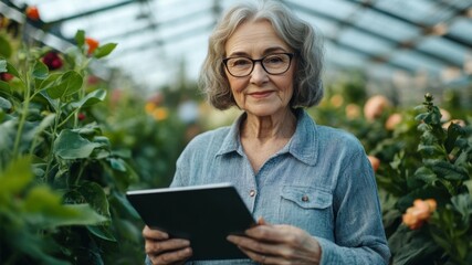 Senior woman holding a tablet in a greenhouse surrounded by flowers.
