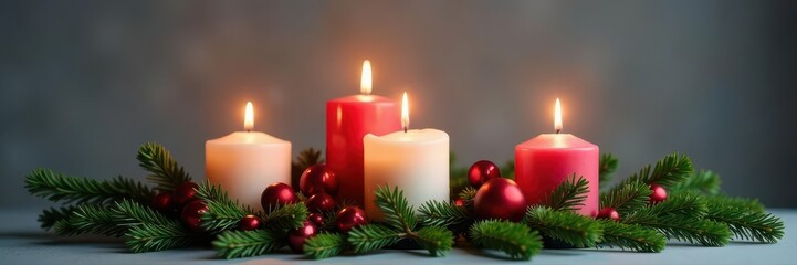 Four advent candles burn brightly on fir branches, decorated for Christmas, against a grey backdrop , bokeh, xmas