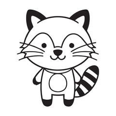 A black and white illustration of a small, friendly smiling raccoon. 