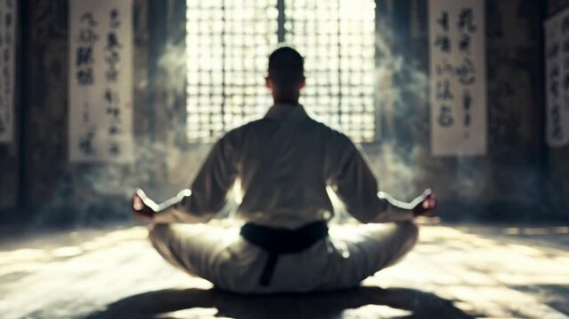 Meditation practice in ancient dojo surrounded by serene atmosphere and spiritual writings