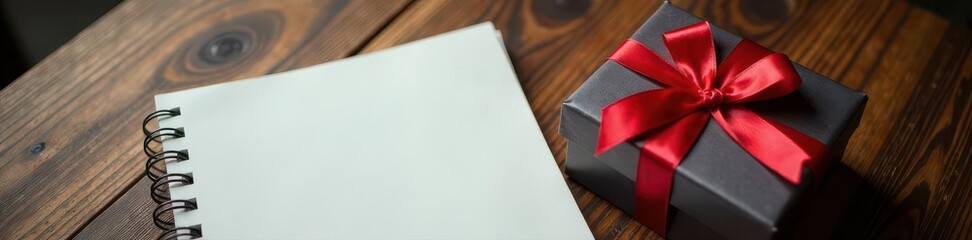 Luxury gift box and pristine empty notebook on wooden desk Overhead shot , luxury, gift