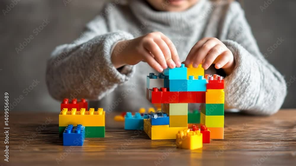 Poster child engaged in creative play with colorful building blocks generative ai