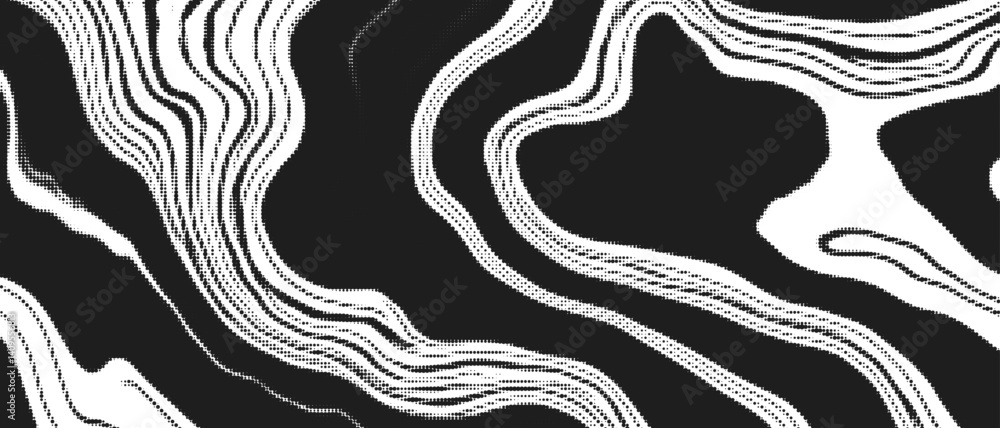 Poster Elegant Black and White Wave Lines Pattern with Dots and Abstract Texture, Dynamic and Creative Background Design, Perfect for Modern and Trendy Decorations.