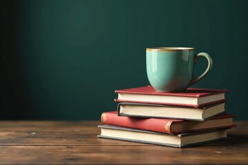 Fototapeta premium Neat stack of books with a ceramic mug, wooden tabletop, interior, geometric, table
