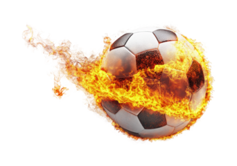 Explosive soccer ball action sports field digital fiery environment dynamic viewpoint. Isolated on transparent background, png.