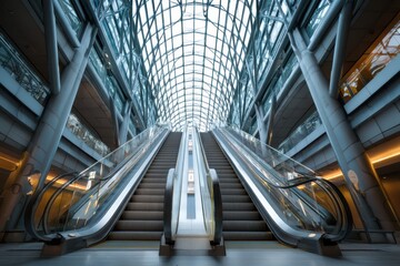 Symmetrical Escalators in Modern Glass Dome with Geometric Design and Natural Light.