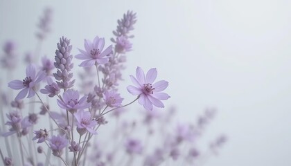 Naklejka premium Delicate purple flowers with lavender petals captured against a soft white background in a minimalist botanical composition