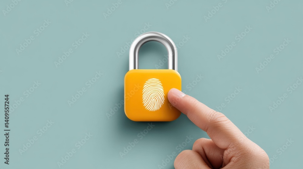 Poster a finger presses a fingerprint on a yellow padlock signifying secure digital access and online priva