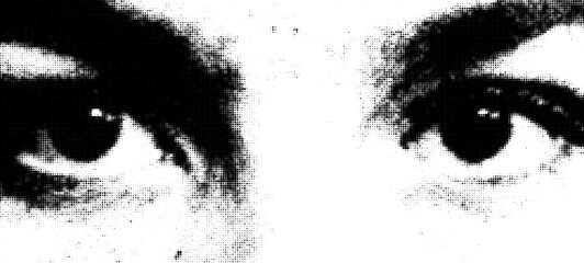 Halftone Vector Portrait of a Man's Eyes and Eyebrows. A Curiosity-Inspired Graphic Design Exploring Technology and Human Identity in a Black and White Abstract Art Style.