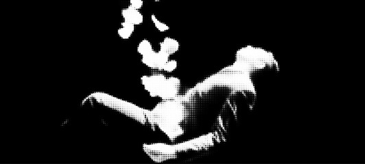 A halftone grunge bitmap of a man falling through the abstract realms of space embodies a metaphysical journey from life to death and rebirth in a surreal galaxy of stars.