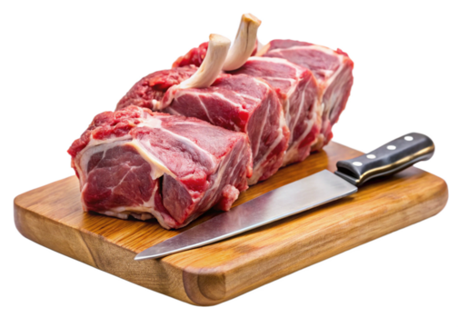 raw meat on wooden board  isolated on white background