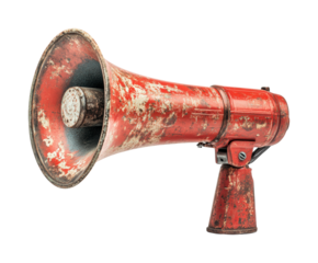 Sounding off vintage megaphone displayed in for creative. Isolated on transparent background, png.