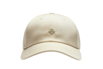 Elegant beige baseball cap subtly textured fabric embossed logo clean on transparent background