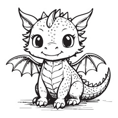 A charming black and white line drawing of a small dragon with big eyes and a friendly expression.