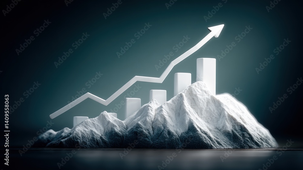Poster a 3d rende shows an upward trending graph rising above a mountain peak symbolizing growth and succes
