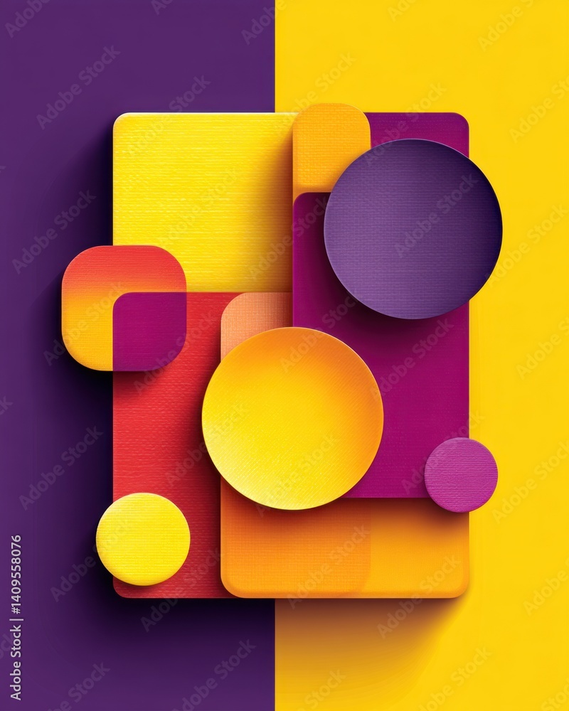 Poster Abstract geometric shapes in vibrant yellow purple and red create a modern minimalist design perfect for backgrounds or ing.