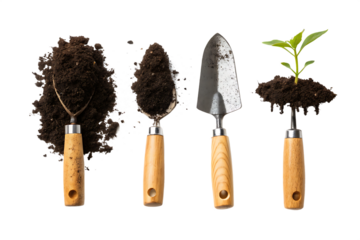Garden tools soil plant greenery utensils set isolated on white background
