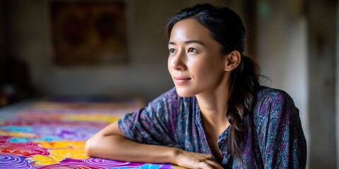 Fototapeta premium Smiling woman with a braided ponytail sits near a patterned table, gazing outside