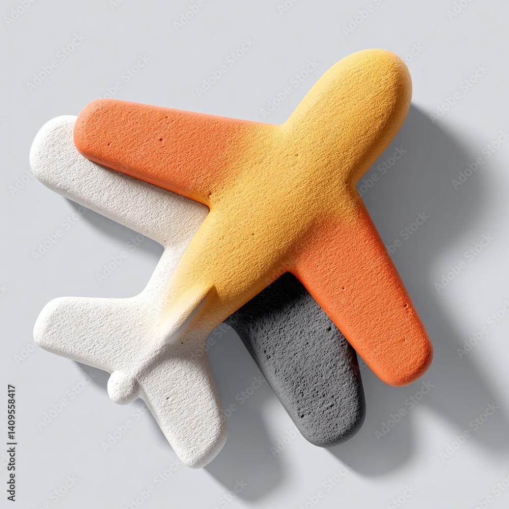 Poster colorful airplane-shaped object made of textured material, placed on a light background for artistic