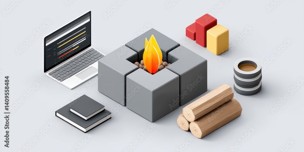 Poster a modern isometric illustration depicts a laptop, books, logs, a fire, and data cubes symbolizing pr