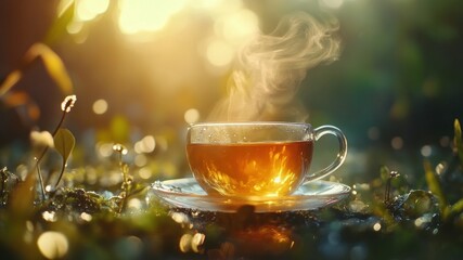 A steaming cup of tea nestled in a lush, sunlit garden, creating a serene moment.