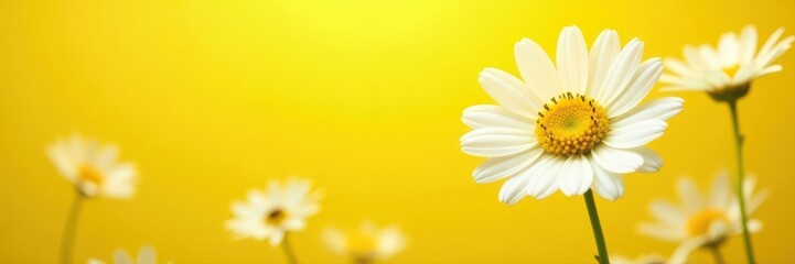 Sunny yellow background features a delightful chamomile flower composition , sun, arrangement, daisy